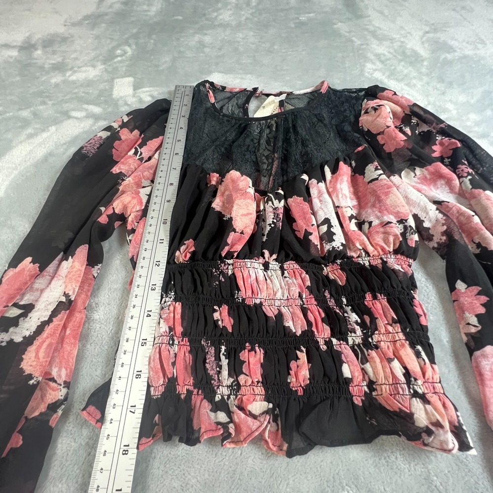 Free People Intimately Black Pink Floral Lace Sheer Peplum Top NWT Sz S Babydoll - Picture 5 of 15